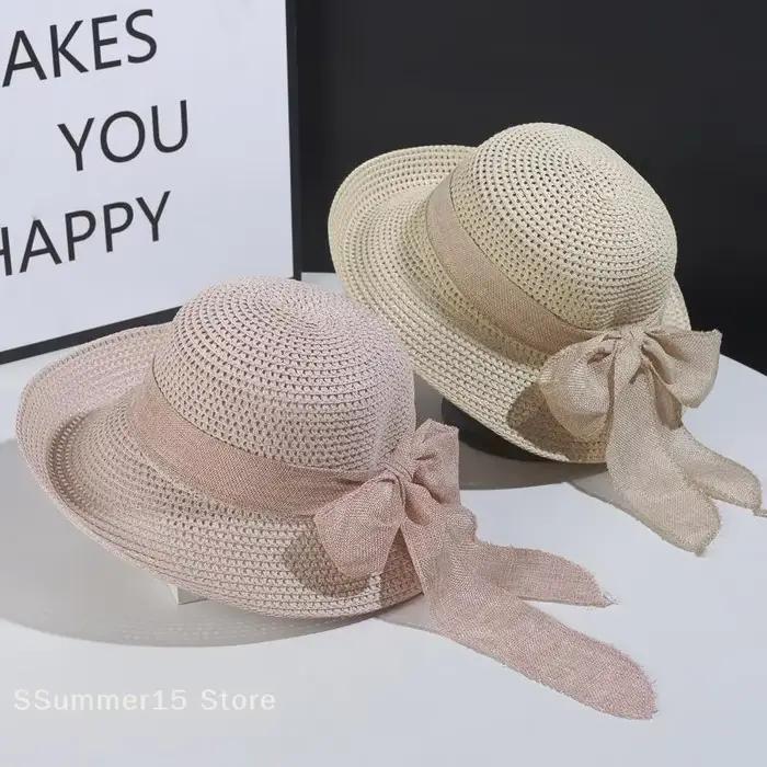 【R】Chapeau vintage pour femme avec nœud papillon, chapeau de soleil d'été pliable à large bord, casquette en paille décontractée pour les voyages en plein air, la plage, protection UV