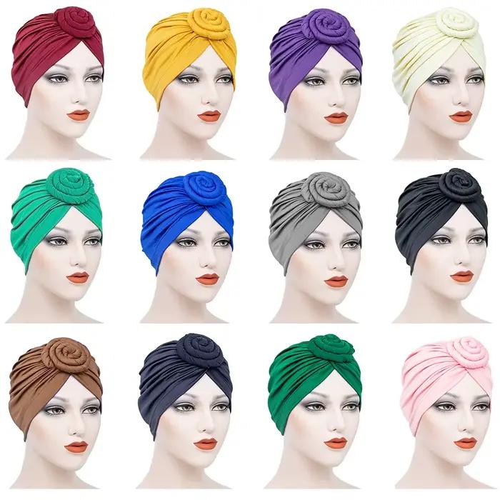 Femmes Turban haut noeud fleur décor bandeau musulman dames couverture de cheveux bonnet coiffe de tête couleur unie inde chapeau accessoires