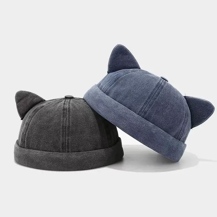 Nouveau mignon oreilles de chat Melon peau casquette femmes réglable mode polyvalent sans bords dôme propriétaire chapeau hommes Denim Hip Hop Beanie casquettes