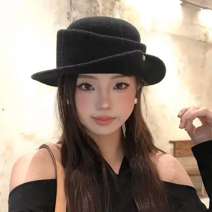 Chapeau en laine noir à bord roulé style rétro élégant pour homme et femme toutes saisons extérieur