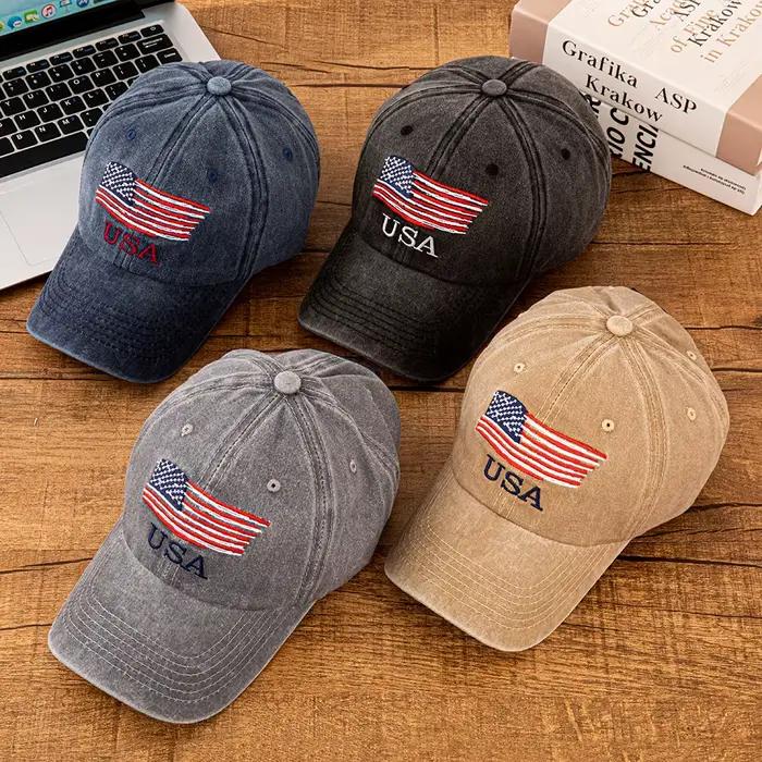 Casquette de baseball en coton lavé brodée drapeau américain USA pour hommes et femmes