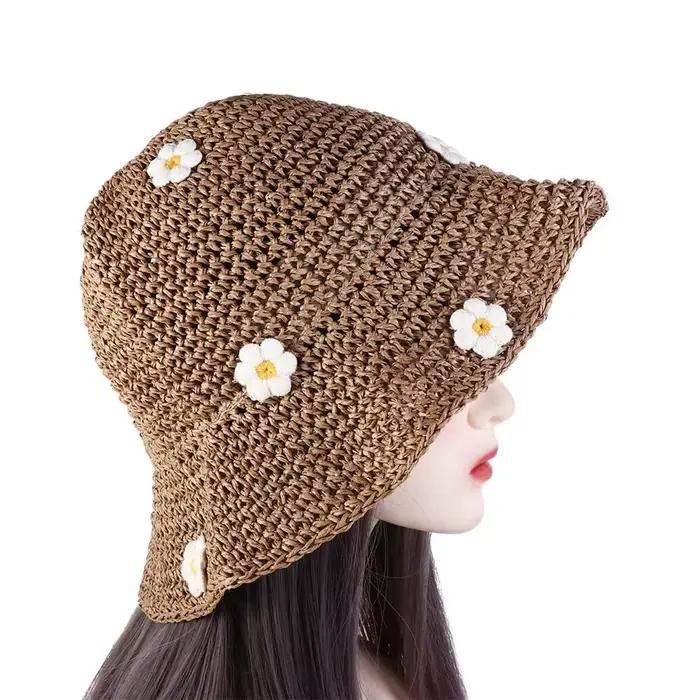 Mode été pliable Panama casquette fleur plage chapeau Protection UV tissage à la main Boho