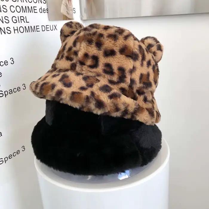 Épais filles automne hiver oreilles d'ours léopard femmes seau chapeaux bassin chapeau pêcheur