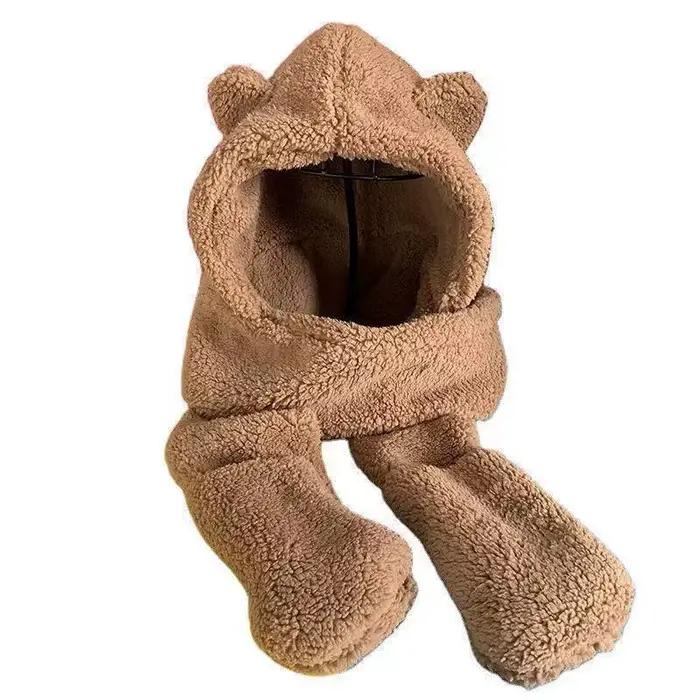 Hiver ours oreille Sherpa capuche chapeau écharpe gants 3 en 1