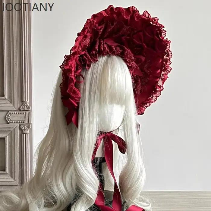 IOOTIANY Original gothique Lolita bordeaux dentelle chapeau femmes rétro victorien élégant ruban pansement thé fête plage plat chapeaux 2026