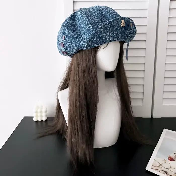 Bérets en jean pour femmes avec joli design à nœud et bouton