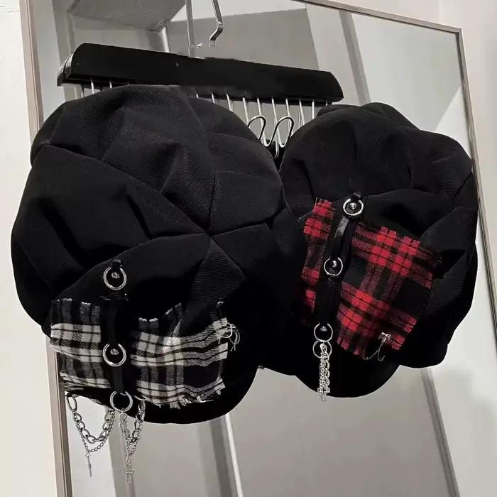 Chapeau femme doux Style Cool Y2K sous-culture Punk millénaire épices croix neutre foncé à carreaux béret