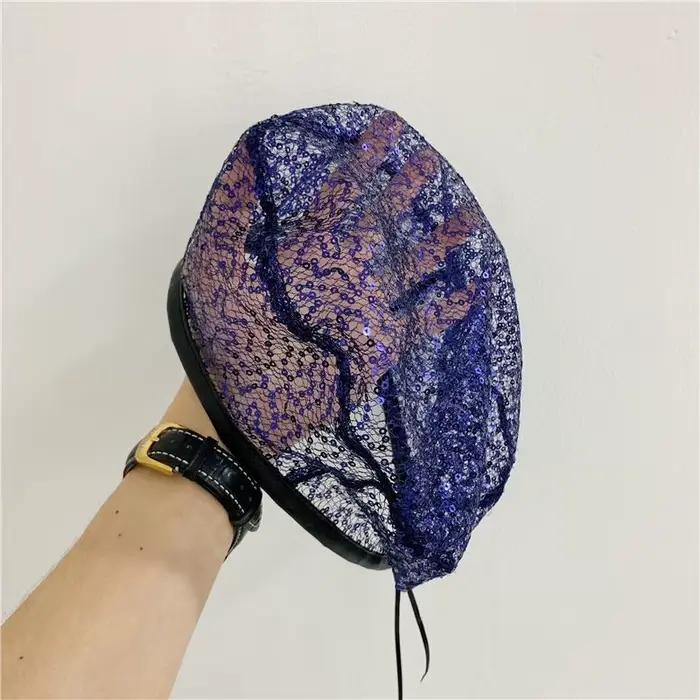 Béret en dentelle et maille à paillettes pour femmes