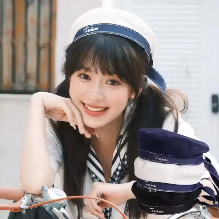 Béret blanc pour femme style marin tendance brodé lettres nœud JK style coréen casquette de peintre uniforme occassions spéciales décoration tête été printemps