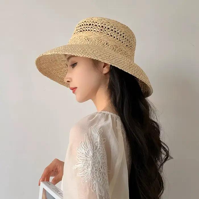 Chapeaux de soleil pliables en raphia tissé à la main pour femmes