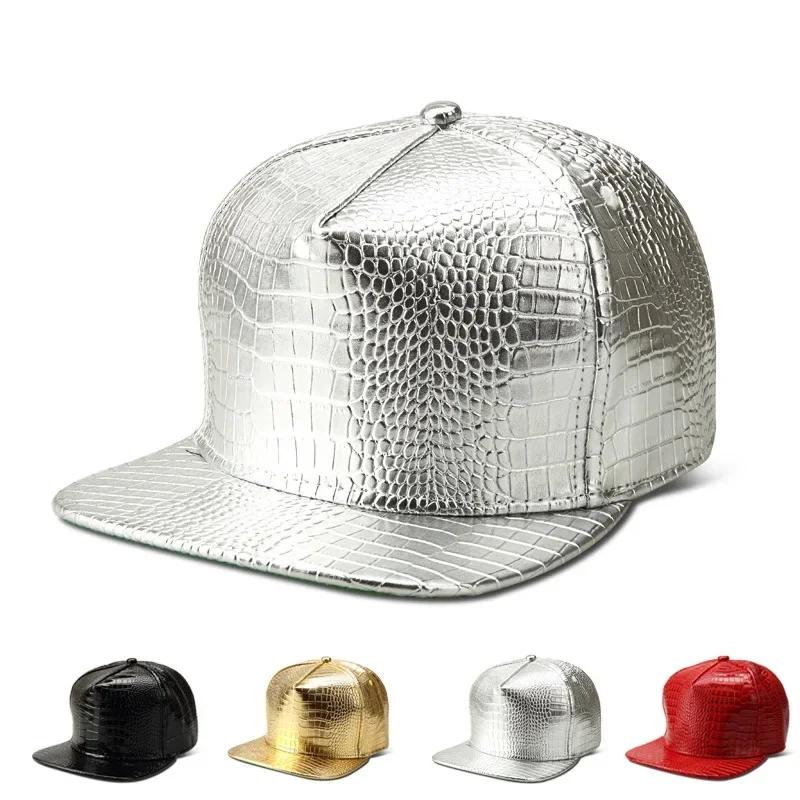 Casquette de baseball en cuir PU doré avec motif crocodile et peau de serpent, visière plate, surfac