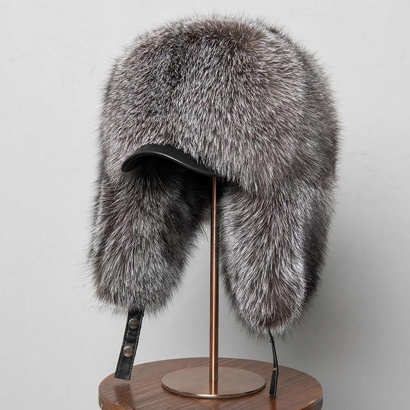 100% véritable fourrure de renard chapeaux femmes hommes russe Ushanka aviateur trappeur chaud hiver neige ski chapeau avec oreillette pleine peau moelleux B