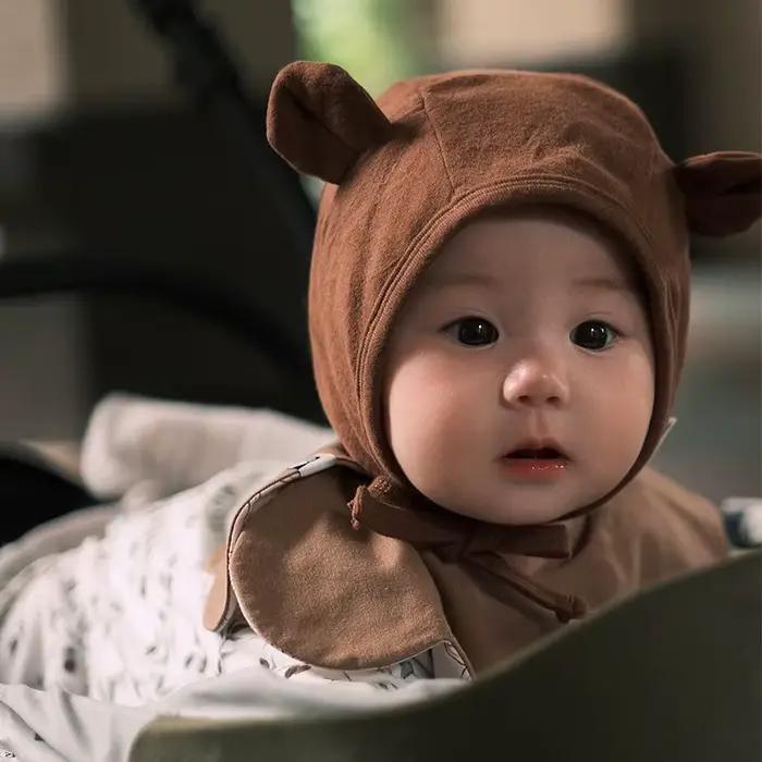 Mignon ours oreilles bébé Bonnet couleur unie nouveau-né garçon fille Protection des oreilles chapeaux laçage infantile en plein air coupe-vent casquettes bonnets