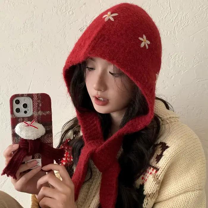 Chapeau de noël rouge pour femmes, Bonnet de Protection des oreilles Vintage fleur Y2K, couleur unie, casquettes à oreillettes tricotées pour filles