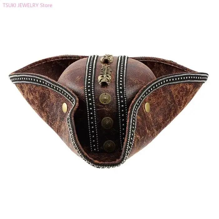 62KE chapeau Pirate en PU marron pour femmes hommes chapeau Pirate tricorne pour accessoires Costume