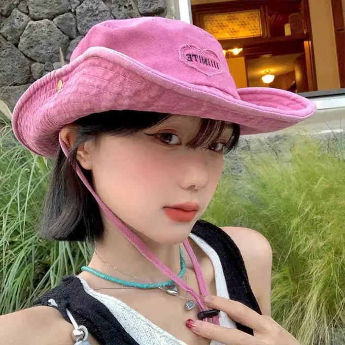 Casquettes seau d'amour rose doux, chapeaux de Cowboy délavés rétro japonais pour femmes, Protection