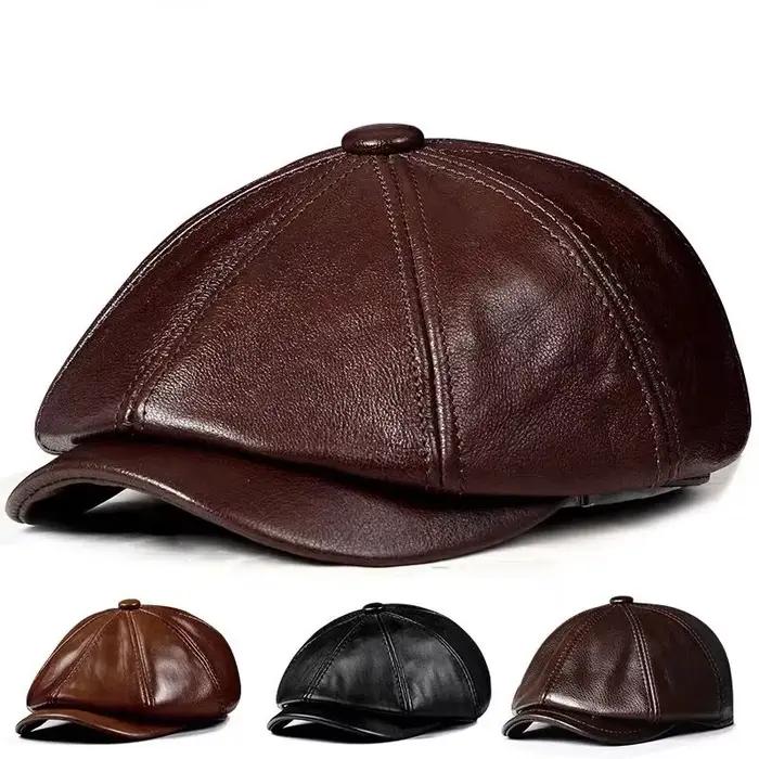 Béret en cuir de vachette pour homme, 2024 cuir véritable, coton chaud, casquette de marque rembourr