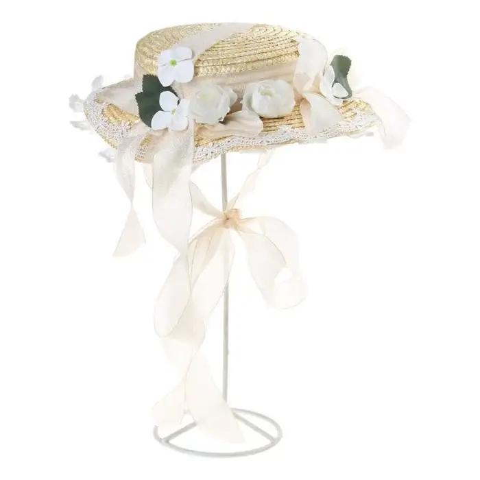 39BD – Bonnet plat léger en paille à fleurs pour filles, chapeau plage vacances