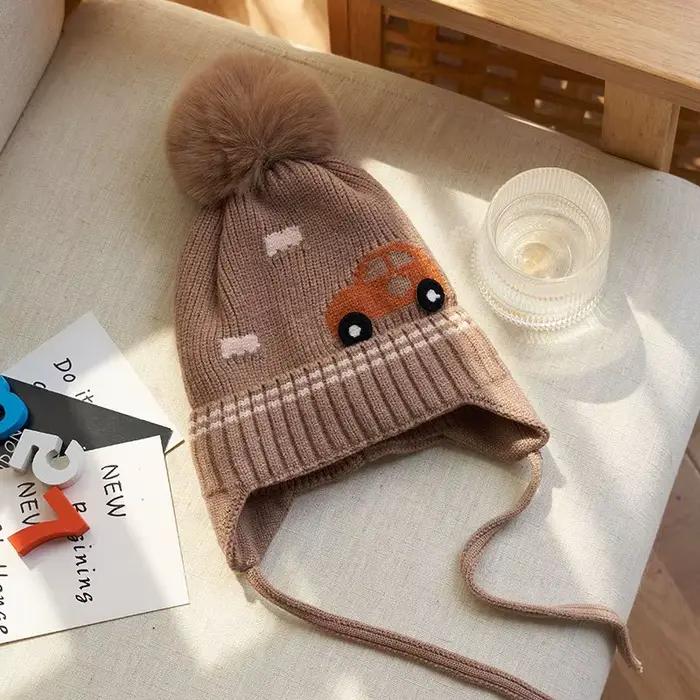 Chapeau d'hiver pour bébé garçon, avec boule de fourrure à oreillettes, Bonnet tricoté pour enfants,