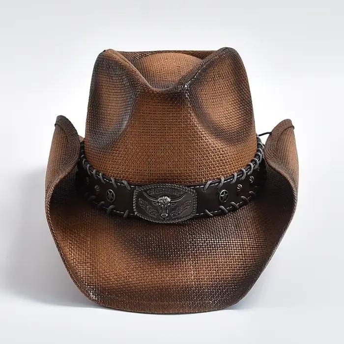 Chapeau de Cowboy occidental Vintage pour hommes et femmes, tissage de paille fait à la main, chapea
