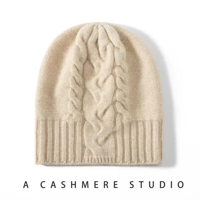 100% pur cachemire chapeau femmes hiver tricoté torsadé fleur casquette bonnets chaud doux tricot co