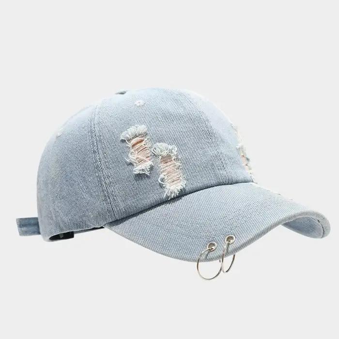 Casquette de baseball créative en coton avec anneau en fer, design vieilli, en jean déchiré, couleur