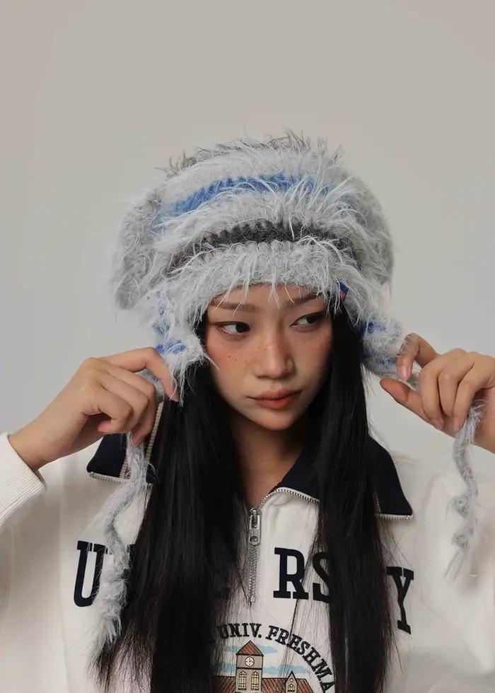 stripecony cheveux Crochet à main chapeau FUR femmes hiver épaissi chaud tricoté laine casquette fro