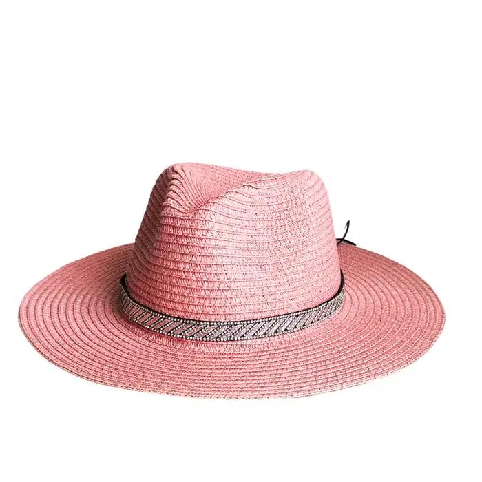 Accessoires en strass chapeau Panama en paille à large bord Fedora été plage Protection UV chapeau d