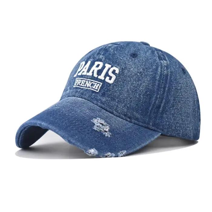 Chapeau de baseball en jean à trous, brodé en couches, style rétro français, mousse 3D, universel po