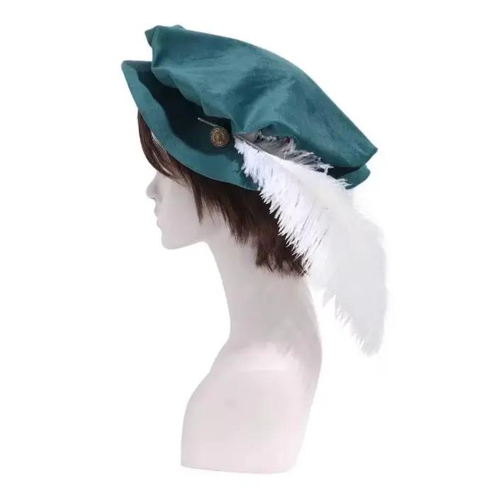 Chapeau Tudor médiéval en daim WENAM avec plume, casquette plate Renaissance pour accessoires de cos