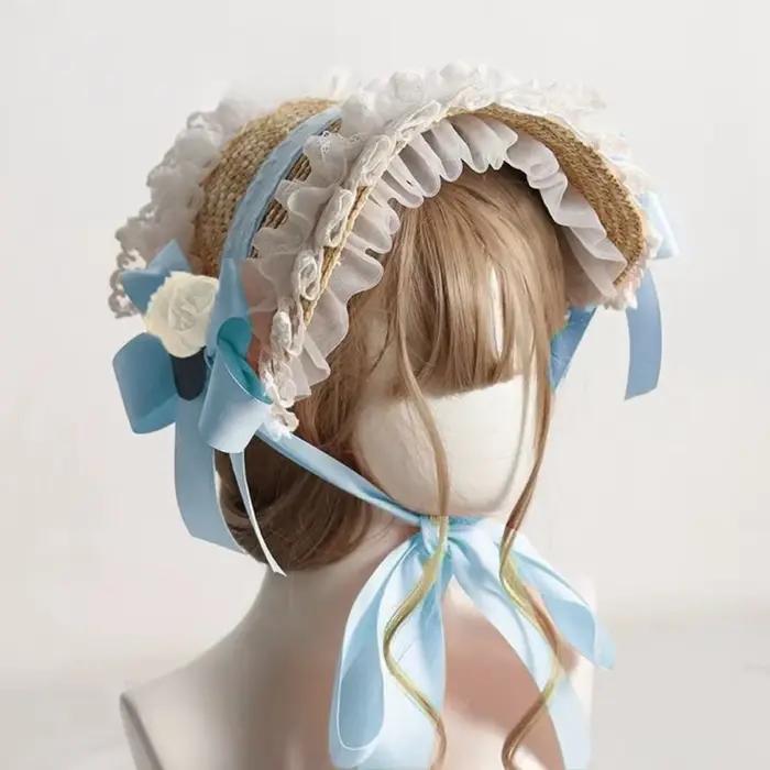Bonnet Lolita en dentelle, style pastoral, chapeau de paille Lolita français, protection solaire, de