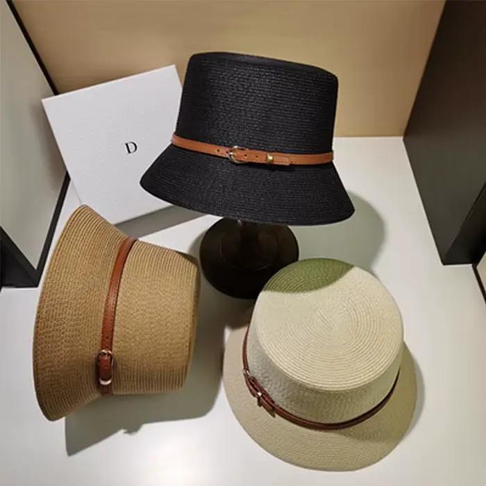 Chapeau de plage en paille pour femme, casquette de soleil, protection UV, dessus plat, décoration d