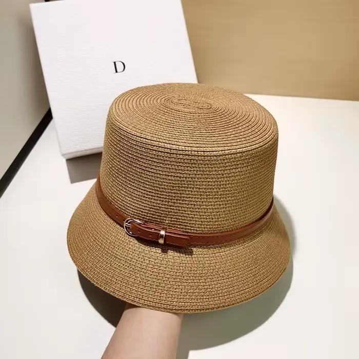 Chapeau de plage en paille pour femme, casquette de soleil, protection UV, dessus plat, décoration d