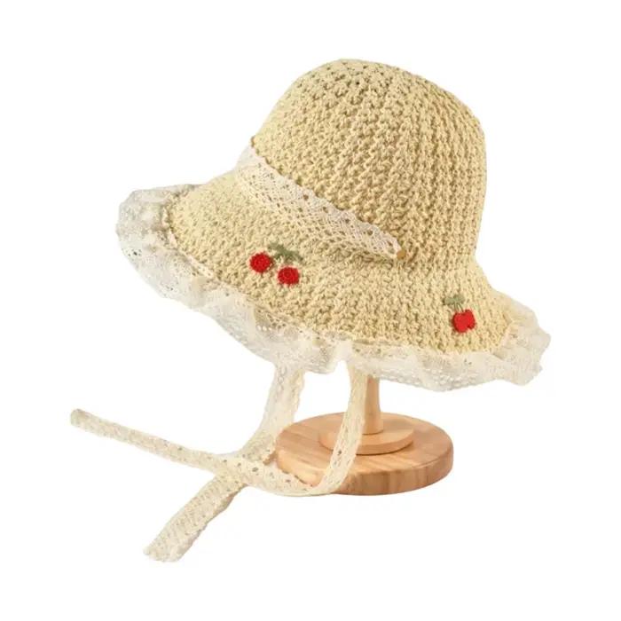 Chapeau de soleil pour femme en paille tressée, style coréen, brodé motif cerise, respirant, avec vi