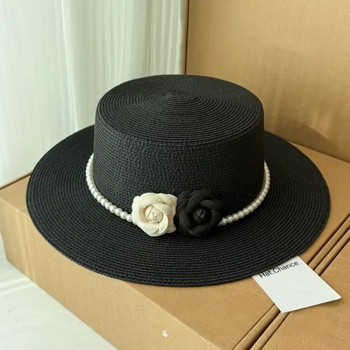 Chapeau de paille rétro de style français avec décoration en perles, fait paraître le visage plus pe