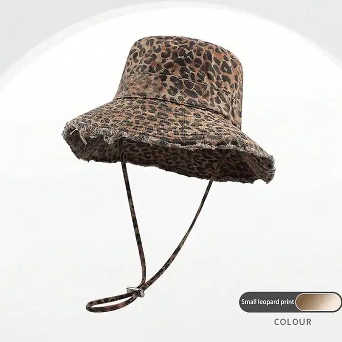Chapeau de pêcheur Boho à large bord imprimé léopard pour femme – Chapeau de soleil vintage pour le