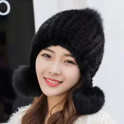 Chapeau de protection des oreilles en fourrure de vison pour femme, bonnets épais, bonnets en fourru