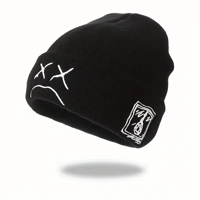 Bonnet sans bords avec visage triste brodé, chapeau tricoté noir et blanc à la mode, chapeau hip-hop