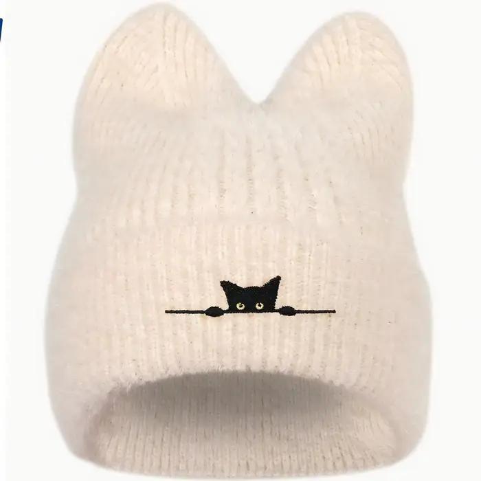 Chapeau tricoté oreilles de chat de nouveau style avec broderie - bonnet en laine pour un look migno