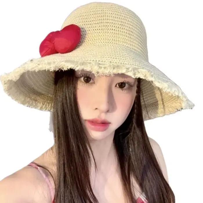 Chapeau de soleil élégant d'été avec grand nœud, respirant, à large bord, en paille pour femme, prot