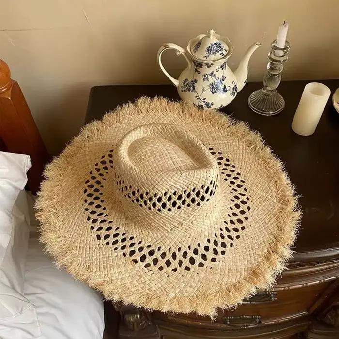Mode fait à la main naturel raphia chapeau de paille pour hommes femmes casquettes été Panama décont