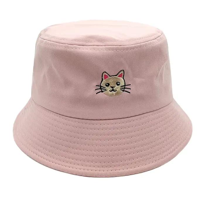 Chapeau de pêcheur brodé motif chat mignon de style coréen pour femme, chapeau bob d'été anti-UV, po