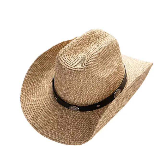 Chapeau de cowboy occidental uni simple à large bord en cuir PU, chapeau de cowgirl, chapeau de sole