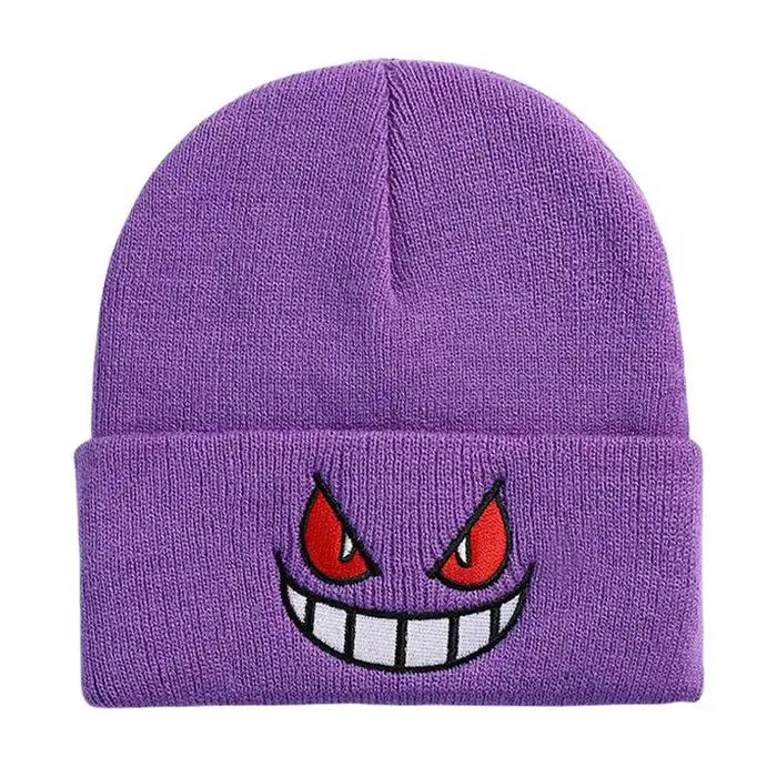 Chapeau tricoté brodé de dessins animés mignons Anime Pokemon Gengar, bonnet chaud d'automne et d'hi