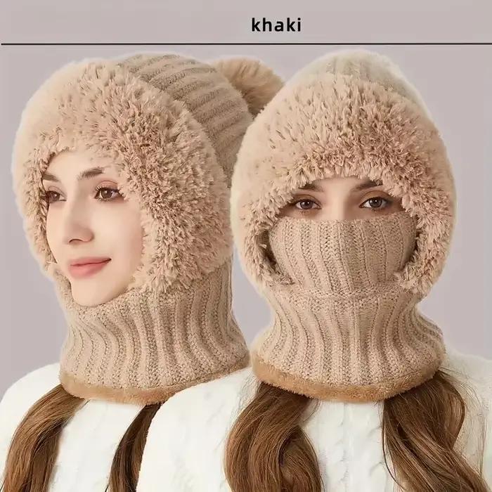 Chapeau tricoté doublé polaire d'hiver avec Protection des oreilles, cache-cou à capuche intégré cou