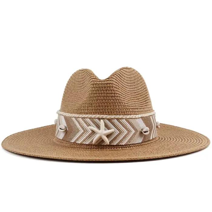 Chapeau de soleil bohème pour femmes et filles, en paille, panama, protection solaire à large bord,