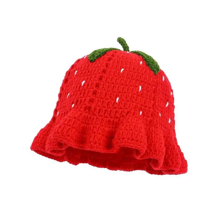 Casquette de neige hommes femmes fraise Crochet chapeau à la main Floral Portable tricoté mignon Vin