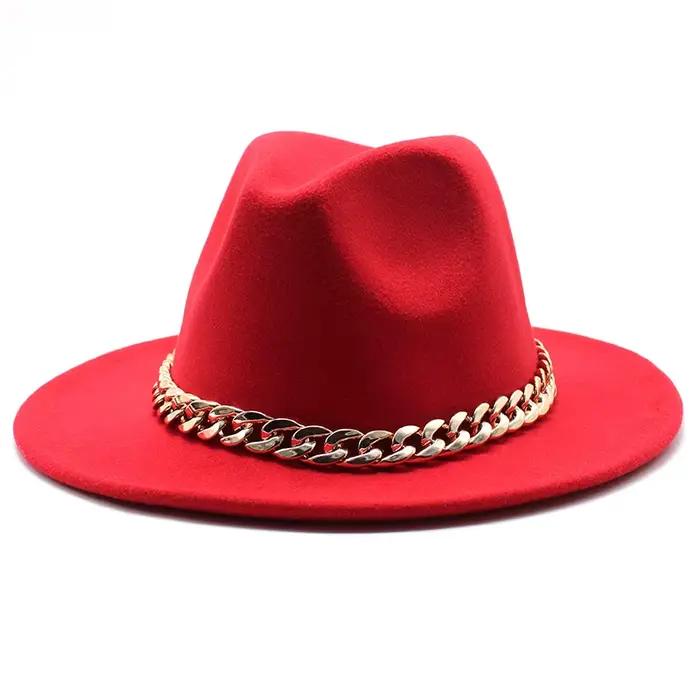 Fedora chapeaux pour femmes hommes à large bord épais chaîne en or bande feutré Chapeau Jazz casquet