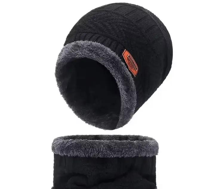 Ensemble bonnet et cache-cou d'hiver pour homme et femme, doublure en polaire douce, bonnet en trico