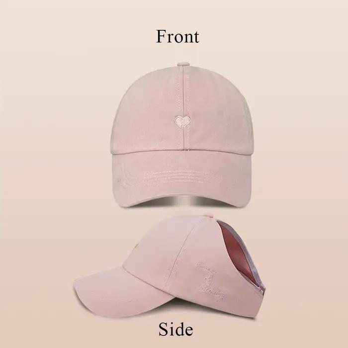 Casquette de baseball pour enfants en coton brodé motif cœur, avec ouverture pour queue de cheval, p